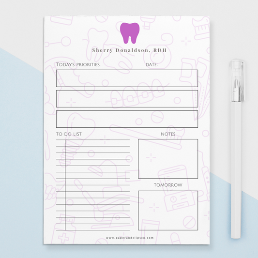 Personalized daily planners for dentists, dental hygienists, dental assistants, dental receptionists. Great for keeping track of daily to-do tasks, objectives and forecast tomorrow's tasks ahead of time. Stay organized and productive with our customized dental planners - personalized with name and color of choice.