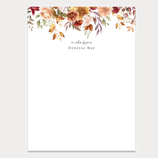 Personalized notepads with a minimalist autumn floral design. Notepads are available in two sizes with 48 pages per notepad. Wrapped in cellophane gift wrap - ready to be gifted! Great for teachers, boss, friend, or anyone (really)!