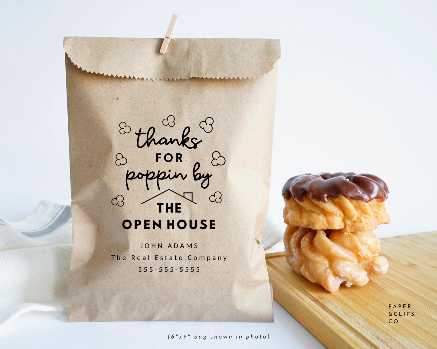 Thanks for Popping By The Open House Real Estate Marketing Popcorn Bags, Personalized bags for company branding