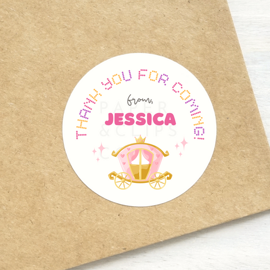 Personalized princess stickers, great for baby showers, birthday parties, thank you stickers, and more. Available with personalized name in 1.5 or 2 inches white matte stickers.