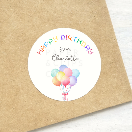Personalized Happy Birthday Stickers with colorful words, personalized name, and colorful balloons. Available in 1.5 or 2 inches on white matte sticker paper. Shipped from Toronto.