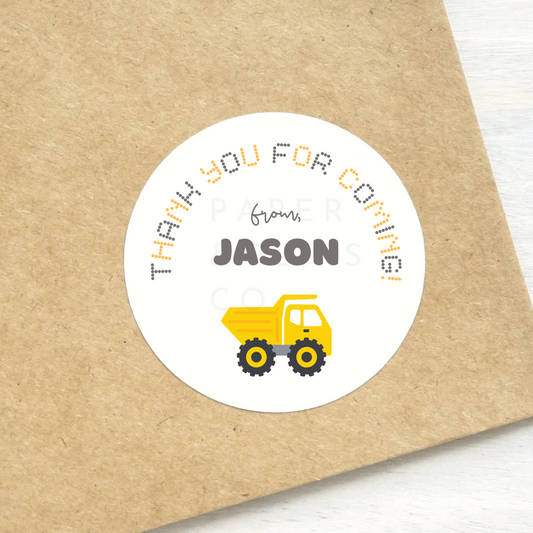 Personalized birthday stickers for construction theme birthday parties. Yellow dump truck with personalized name. Thank you for coming! Available in 1.5 and 2 inches printed on white matte sticker paper. Shipped from Toronto.