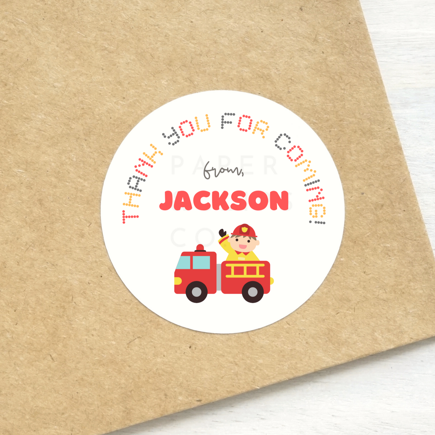 Personalized birthday stickers for firetruck theme birthday parties. Personalized name with Thank You for Coming! Available in 1.5 and 2 inches printed on white matte sticker paper. Shipped from Toronto.