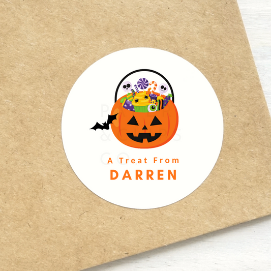 Halloween Pumpkin Stickers. Printed and shipped in Color, available in 1.5 and 2 inch round white matte stickers. Personalized with name. Shipped from Toronto.