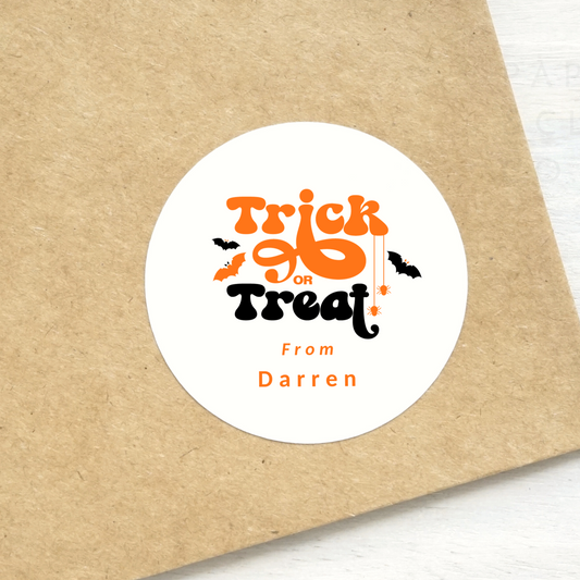 Personalized Halloween Trick or Treat Stickers. Printed and shipped in Color, available in 1.5 and 2 inch round white matte stickers. Personalized with name. Shipped from Toronto.