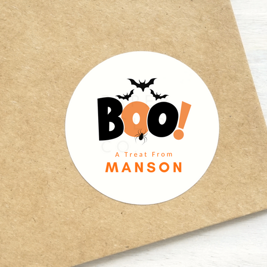 Halloween BOO! Stickers. Printed and shipped in Color, available in 1.5 and 2 inch round white matte stickers. Personalized with name. Shipped from Toronto.