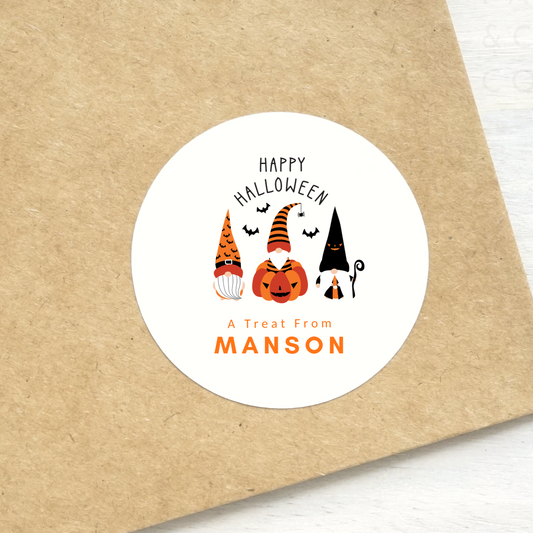 Happy Halloween Gnome Stickers. Printed and shipped in Color, available in 1.5 and 2 inch round white matte stickers. Personalized with name. Shipped from Toronto.