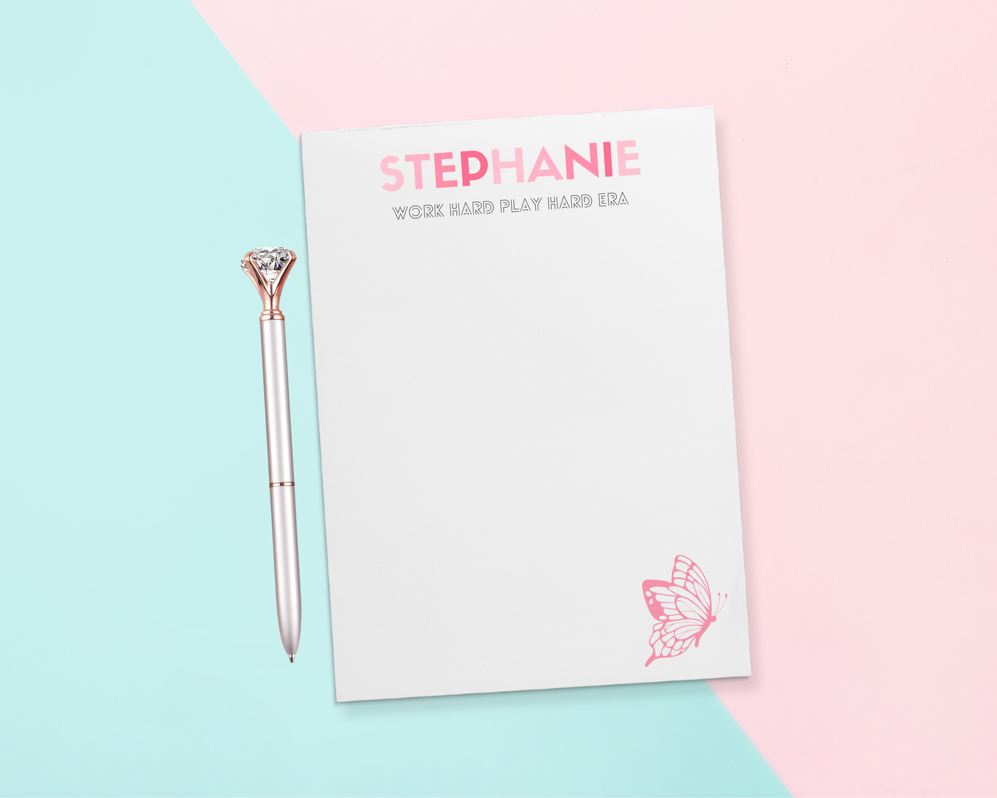 We all know that person who loves Pop culture! Give a thoughtful and useful gift for someone to stay organized. Personalized notepads are exactly the gift they’d love. Choose the color combination for the recipient's name and custom slogan below - such as "Work Hard Play Hard Era".
