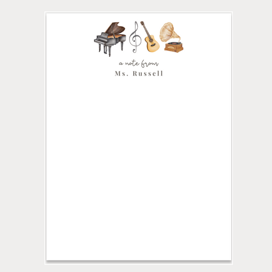 Personalized music teacher notepads with recipient's name. Notepads are available in two sizes with 48 pages per notepad. Wrapped in cellophane gift wrap - ready to be gifted! 