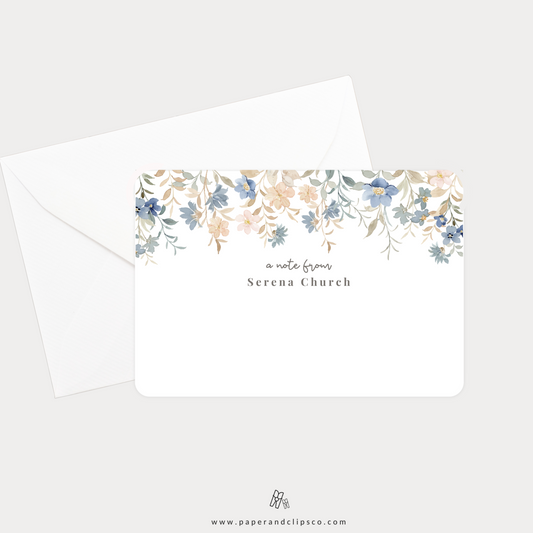 Set of 12 personalized flat note cards with floral illustration design. 4.25x5.5 inches with matching white A2 envelopes. Packaged in cellophane - makes the perfect stationery set gift for teachers, friend, coworker, holiday gift and more!