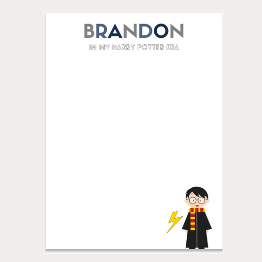 Give a thoughtful and useful gift for a little kid who loves Harry Potter and also loves drawing or writing. Personalized notepads are exactly the gift they’d love. Choose the color combination for the recipient's name and custom slogan below - such as "in my Harry Potter era".