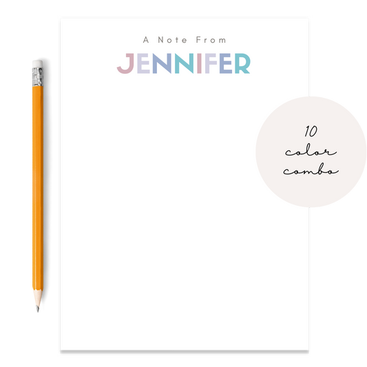 Personalized name notepads. 10 color combinations to choose from to make it even more personalized. Perfect for a friend, teacher, boss, employee, or anyone! Wrapped in cellophane, ready for gifting. Available in two sizes.
