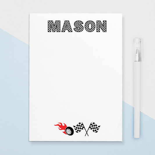 Give a thoughtful and useful gift for a little kid who loves race cars and also loves drawing or writing. Customize their names with Racetrack-like text! Personalized notepads are exactly the gift they’d love.