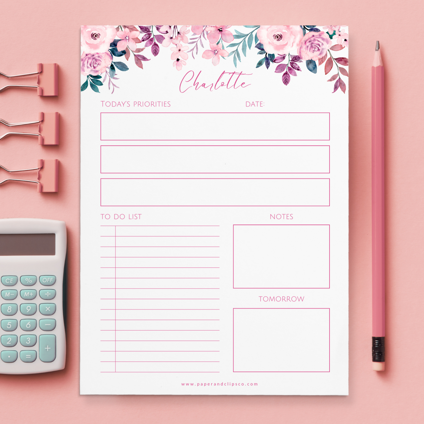 Give a thoughtful and useful gift a girlfriend, partner, best friend, employee, teacher or just anyone (really) would love to receive. Personalized daily planner notepads are exactly the gift they’d love to stay organized and productive.
Each notepad is customized with the recipient's name in pink to match the beautiful pink watercolor floral.