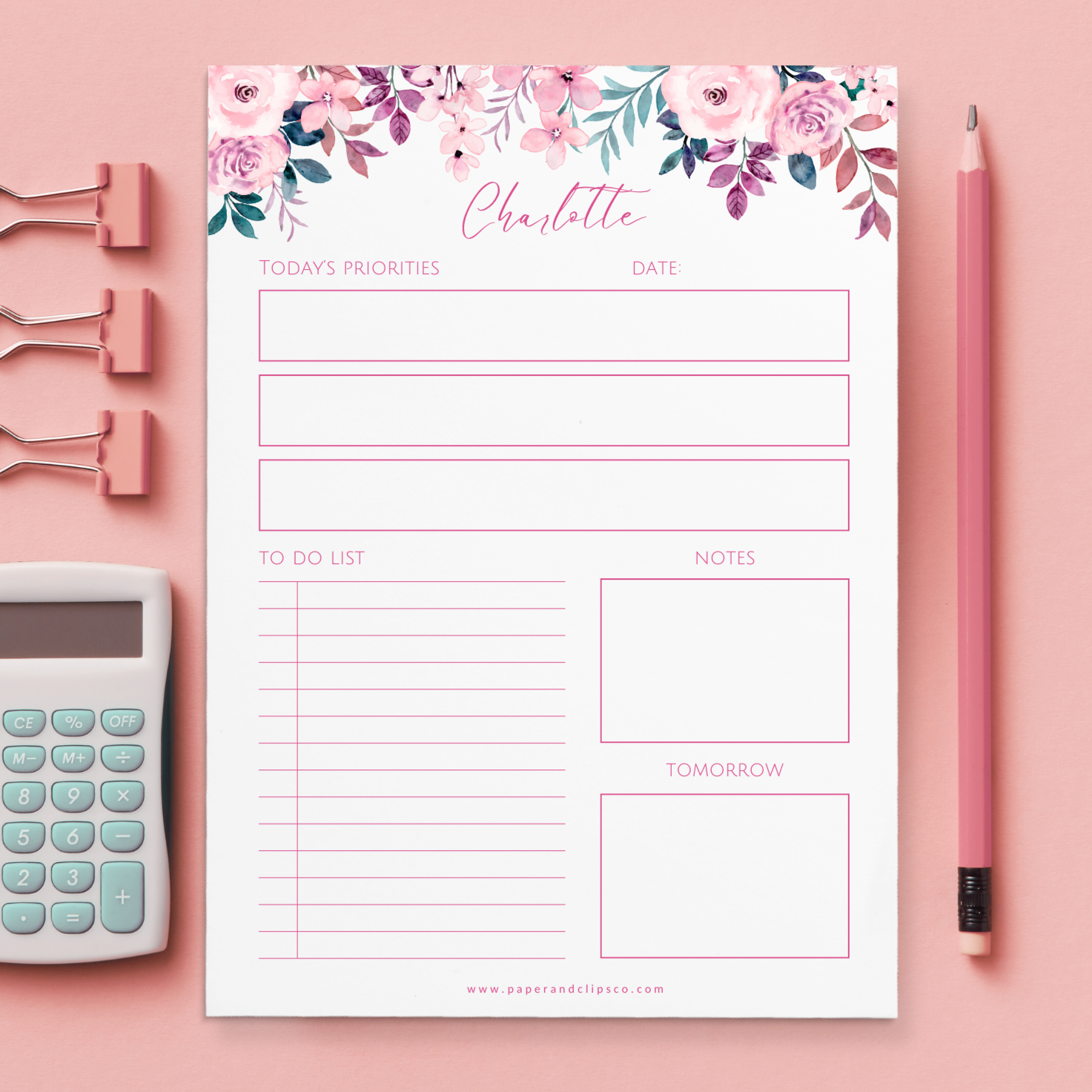 Give a thoughtful and useful gift a girlfriend, partner, best friend, employee, teacher or just anyone (really) would love to receive. Personalized daily planner notepads are exactly the gift they’d love to stay organized and productive.
Each notepad is customized with the recipient's name in pink to match the beautiful pink watercolor floral.