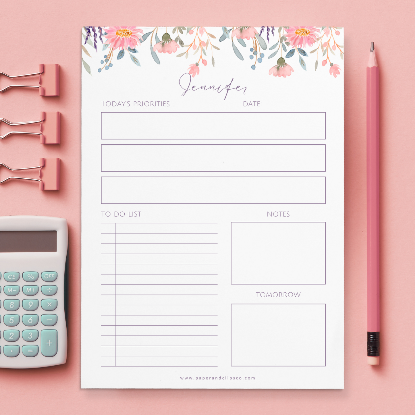 Give a thoughtful and useful gift a girlfriend, partner, best friend, employee, teacher or just anyone (really) would love to receive. Personalized daily planner notepads are exactly the gift they’d love to stay organized and productive.
Each notepad is customized with the recipient's name in pink to match the beautiful pink watercolor floral.