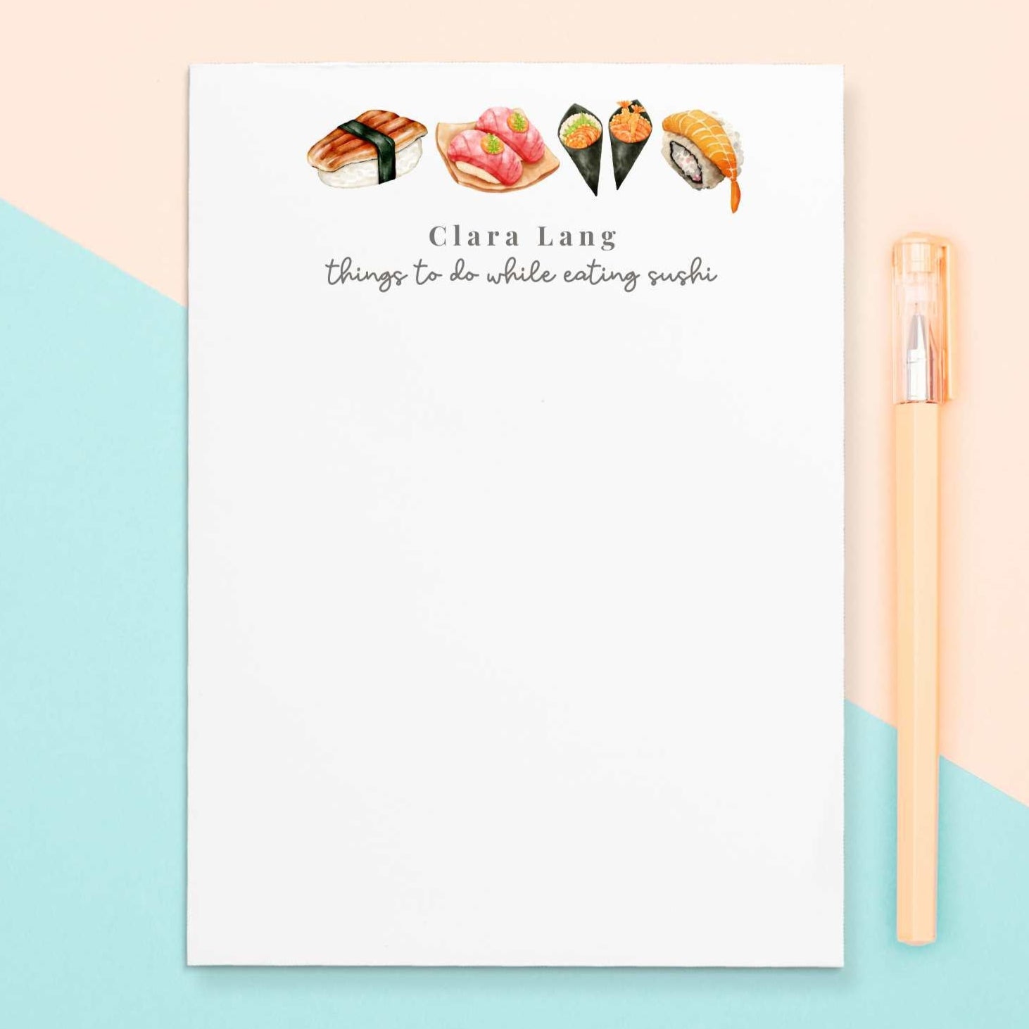 Give a thoughtful and useful gift for a Sushi lover to stay organized and productive. Personalized notepads are exactly the gift they’d love. Notepads are available in two sizes with 48 pages per notepad. Wrapped in cellophane gift wrap - ready to be gifted! 