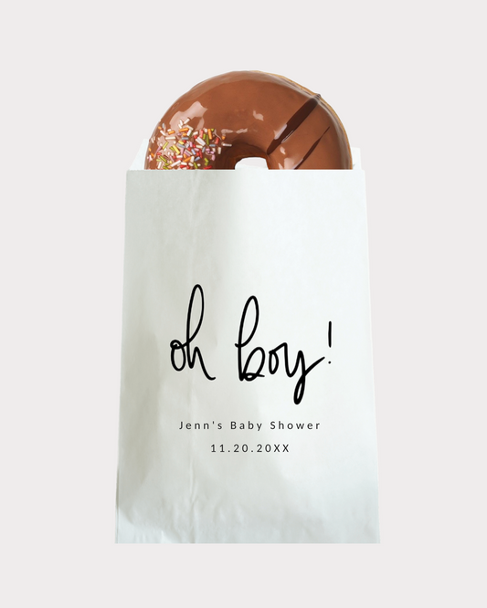 Personalized Oh Boy! party gift bags. Looking for baby shower treat bags with a one of a kind design where your guests will appreciate the sweet reminder? We've got exactly what you're looking for! These white party bags are grease-resistant, durable and food safe.