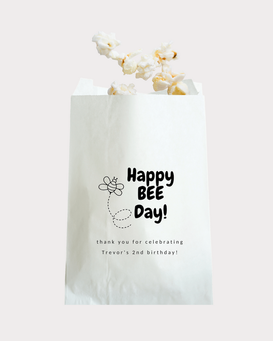 White grease-proof, durable paper bags make great party packaging, adding a nice touch to your special event. These are perfect for your special one's "BEE" birthday party! Your guests will appreciate the sweet reminder of your special day!