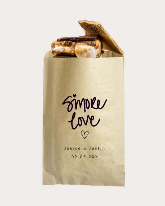 Personalized smores party gift bags. Perfect for weddings, bridal showers, parties and more! Available in kraft brown color. Multiple sizes available. Thank your loved ones for celebrating a special day with you!