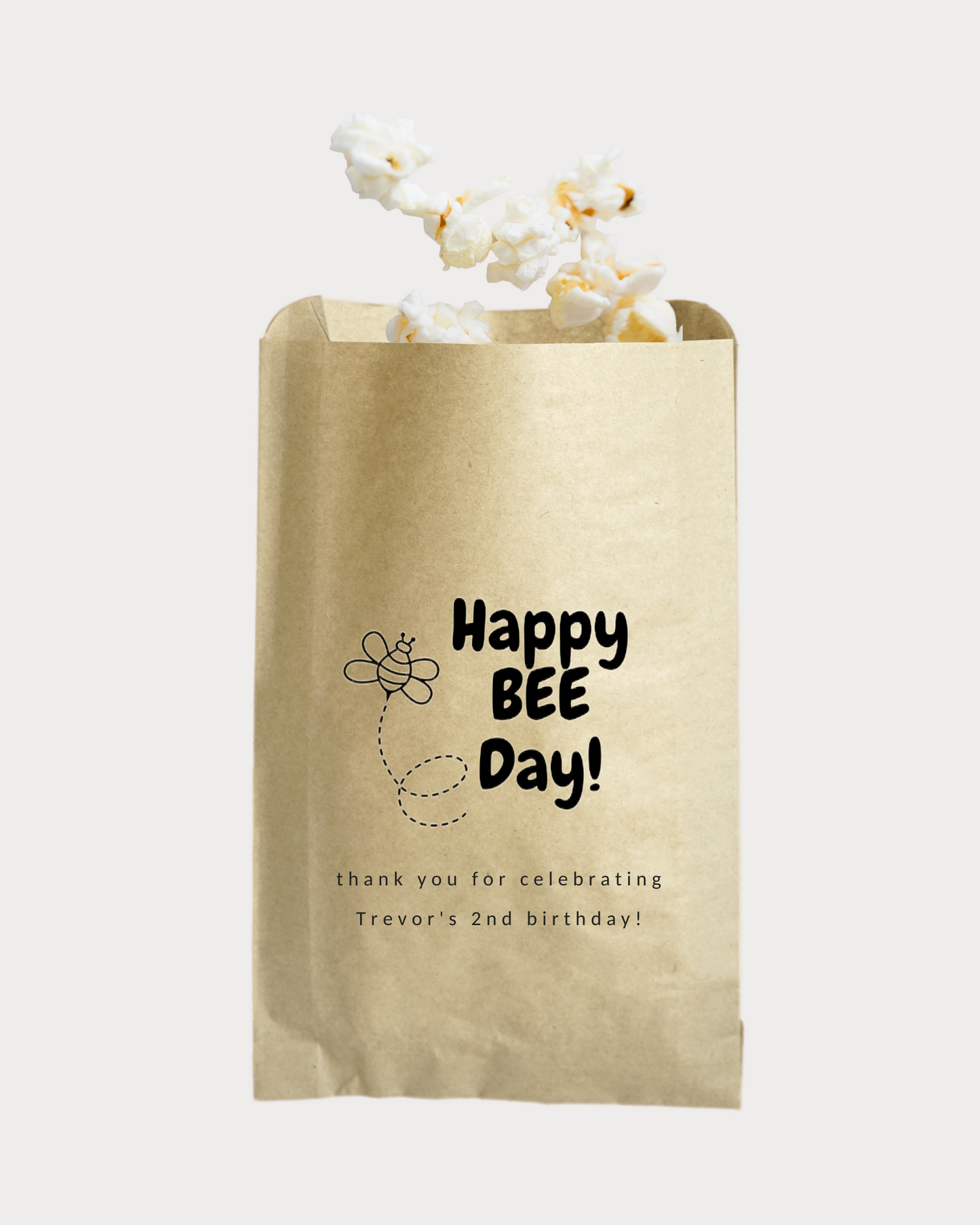 Personalized Happy "Bee" Day party favor bags. Perfect for celebrating a party with the bumblebee theme. Bags are available in two sizes - 5x8" and 6x9" in kraft brown color.