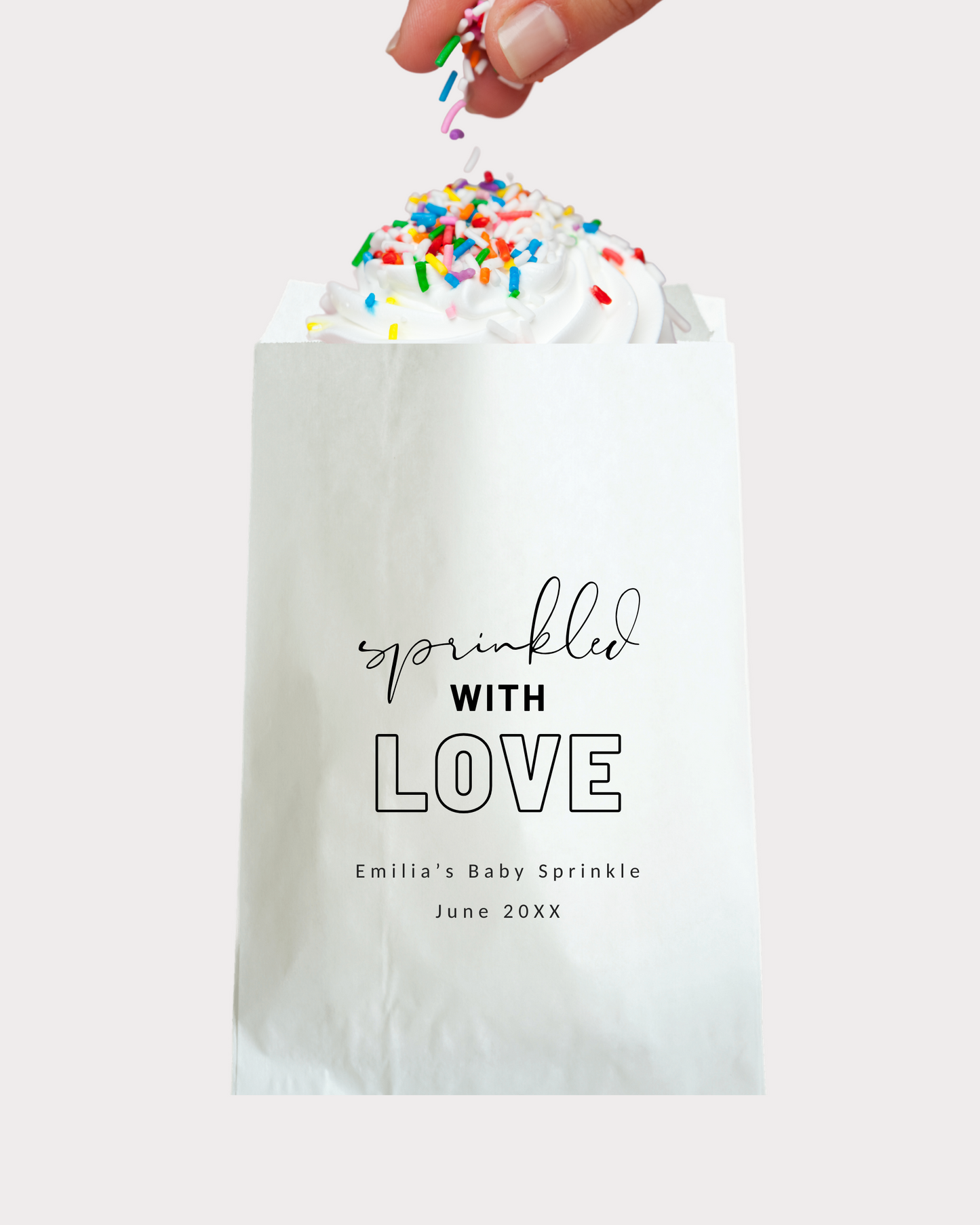 Personalized Sprinkled with Love party gift bags. Looking for baby shower treat bags with a one of a kind design where your guests will appreciate the sweet reminder? We've got exactly what you're looking for! These white party bags are grease-resistant, durable and food safe.