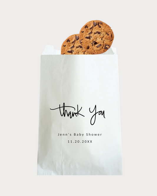 Personalized Thank You party gift bags. Perfect for multiple occasions including weddings, baby shower, bridal shower, birthdays and more. We've got exactly what you're looking for! These white party bags are grease-resistant, durable and food safe.