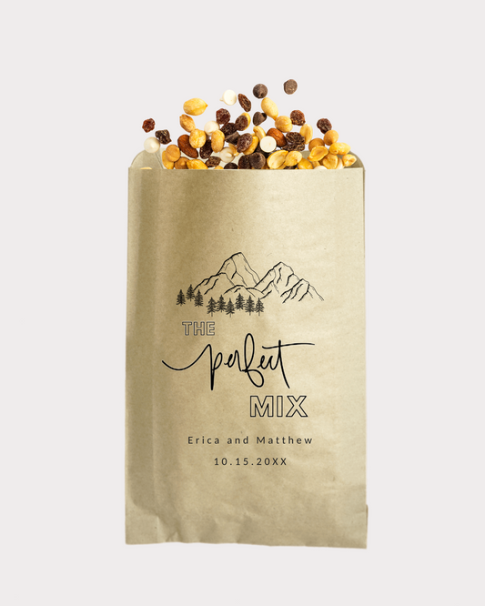 Personalized The Perfect Mix wedding thank you bags. Great for trail mix favors. Thank your loved ones for celebrating a special day with you! Available in kraft brown color. Multiple sizes available. 