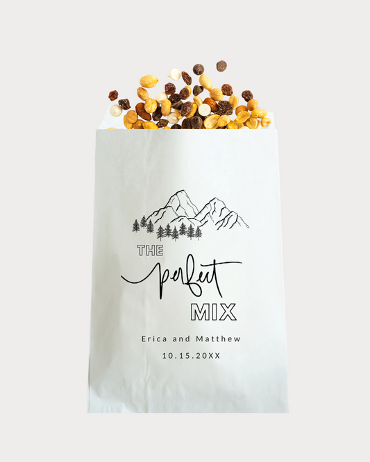 Personalized The Perfect Mix wedding party gift bags. Looking for a minimalist design? We've got exactly what you're looking for! These white party bags are grease-resistant, durable and food safe.