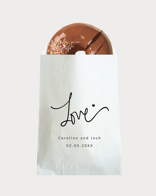 Personalized wedding party gifts bags with a minimalist writing "LOVE" to thank your loved ones for celebrating a special day with you! Perfect for wedding favors, thank you gifts, handmade gifts, and more. Available in white, grease-resistant bags, 6x6" and 6x9" sizes.