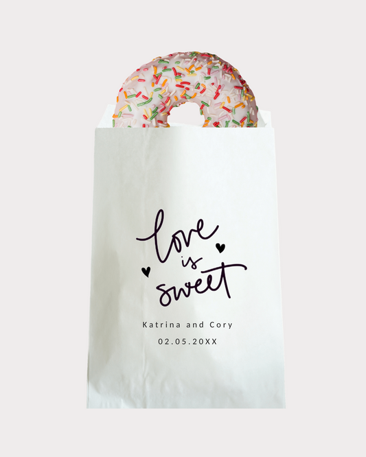 Personalized wedding party gifts bags with "LOVE is Sweet" minimalist writing. Thank your loved ones for celebrating a special day with you. Perfect for wedding favors, thank you gifts, handmade gifts, and more. Available in white grease-resistant bags - 6x6" and 6x9".
