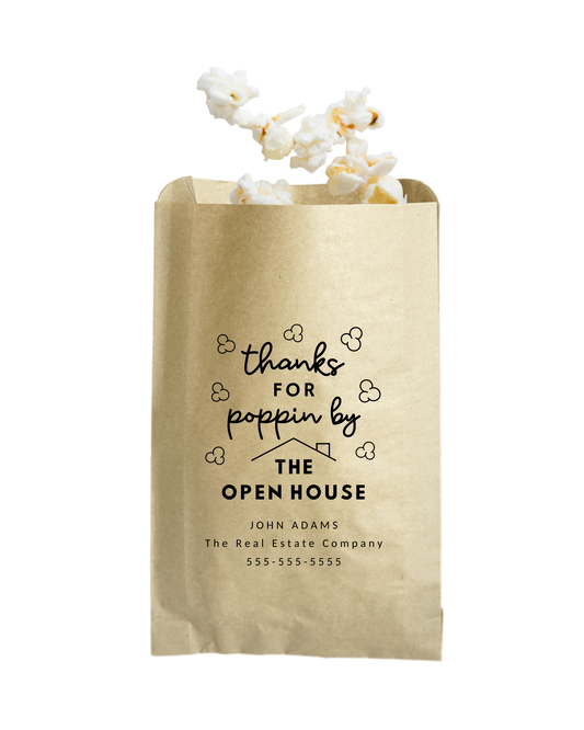 Thanks for Popping By The Open House Real Estate Marketing Popcorn Bags, Personalized bags for company branding