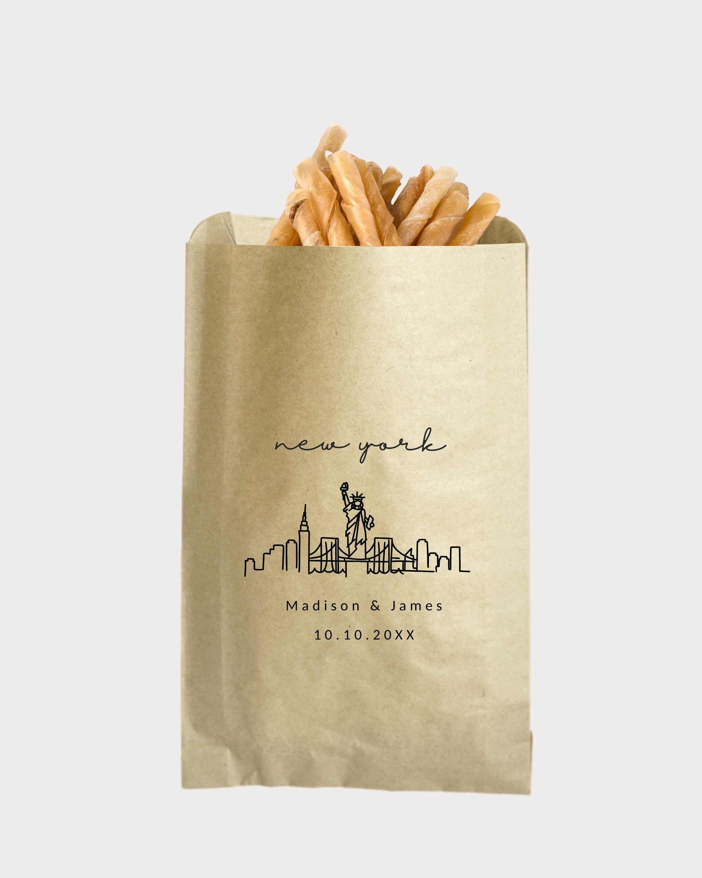 Laser printed New York skyline with personalized name and/or message. These durable paper bags make great party packaging, adding a nice touch to your special event. They're perfect for wedding favor bags, thank you favors, candy bags, coffee bags, treat bags and much more!