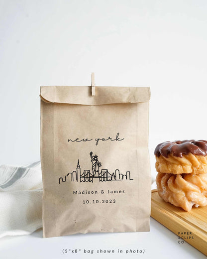 Laser printed New York skyline with personalized name and/or message. These durable paper bags make great party packaging, adding a nice touch to your special event. They're perfect for wedding favor bags, thank you favors, candy bags, coffee bags, treat bags and much more!