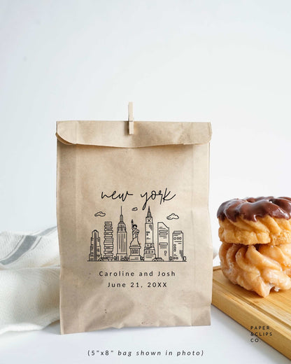 Laser printed New York skyline with personalized name and/or message. These durable paper bags make great party packaging, adding a nice touch to your special event. They're perfect for wedding favor bags, thank you favors, candy bags, coffee bags, treat bags and much more!